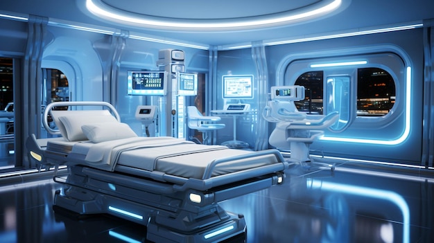 Ala hospitalar moderna com equipamento iluminado e futurista