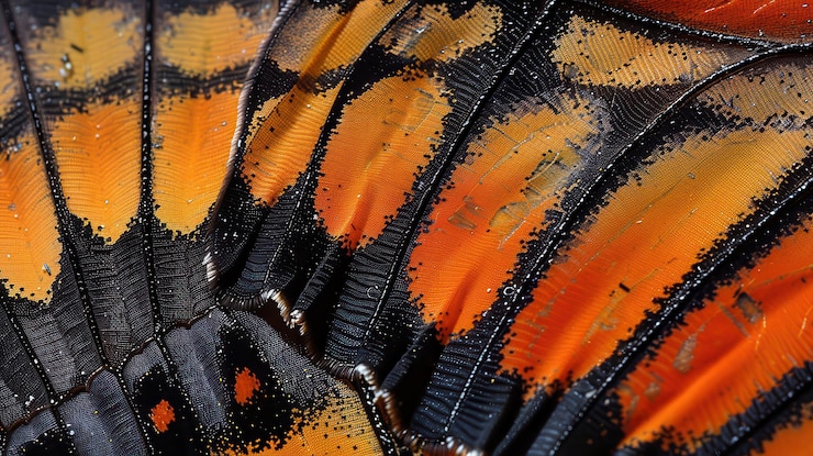 ala de mariposa mostrando sus coloridos patrones naranja y negro con detalles finos y texturas