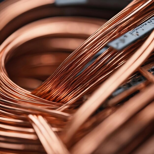 Foto alambre de cobre para primer plano electrónico con un enfoque en el centro y bordes borrosos de la derecha y la izquierda