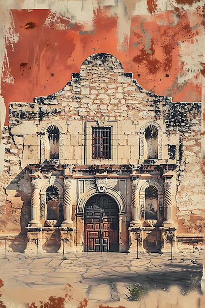 Alamo Mission in San Antonio mit Adobe Texture Vintage News Illustration Trending Hintergrunddekor