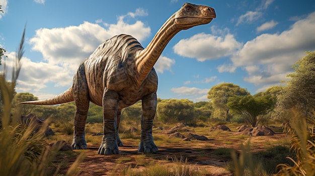 Foto alamosauro grande com um pescoço longo sauropodo dinossauro herbívoro do período jurássico