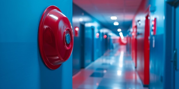 Foto alarma de incendio moderna en la pared azul de un pasillo