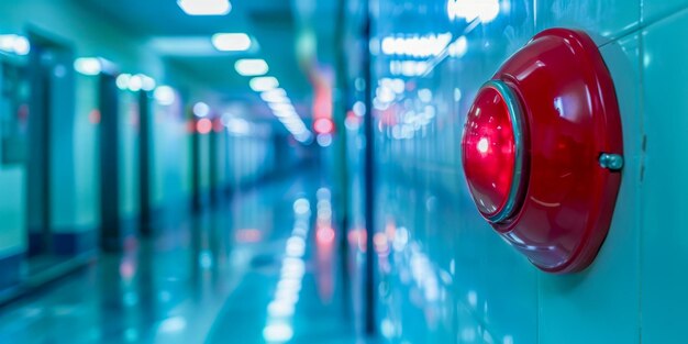 Foto alarma de incendio roja en la pared de azulejos azules brillantes en el pasillo