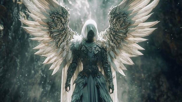 Con alas adornadas con runas de protección este ángel se erige como un guardián y guardián de lo sagrado