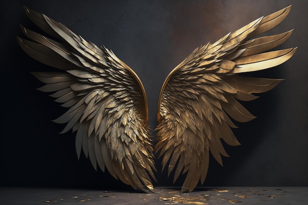 Alas de un ángel dorado con alas doradas en un fondo oscuro