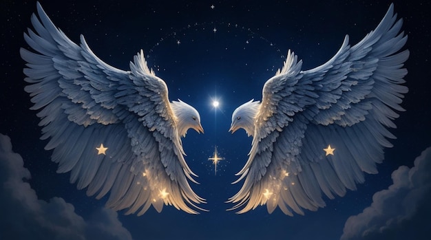 Las alas de los ángeles brillan en el cielo nocturno