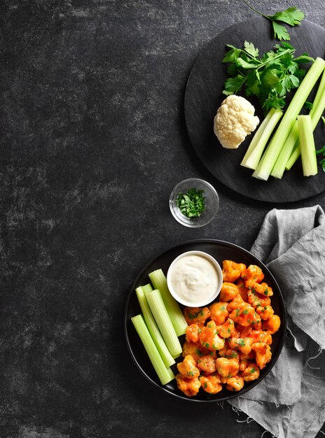 Foto alas de búfalo de coliflor con apio y salsa