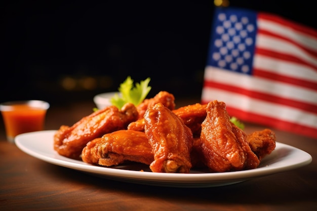 Alas de búfalo en un plato con una bandera de los Estados Unidos