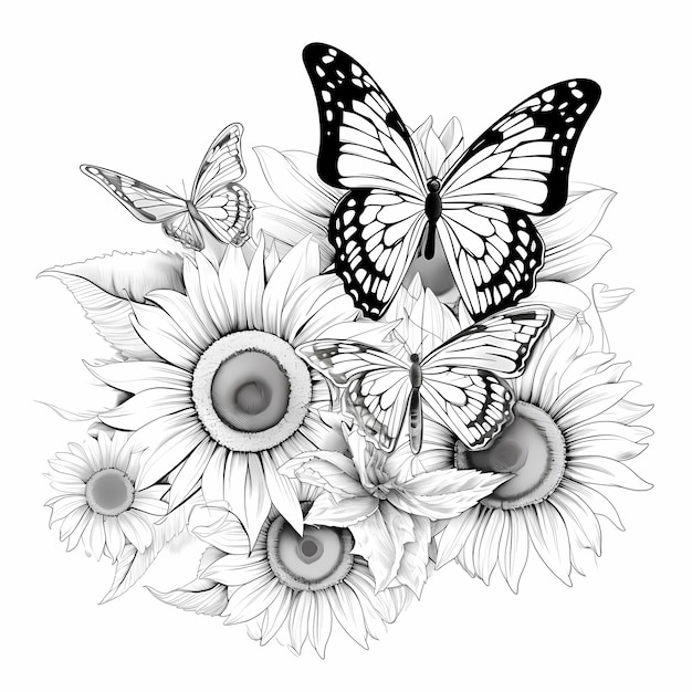 Alas caprichosas Mariposa y girasol Vector Página del libro para colorear