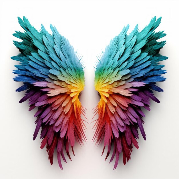 Foto alas de colores con espectro de arco iris peludo sobre un fondo blanco
