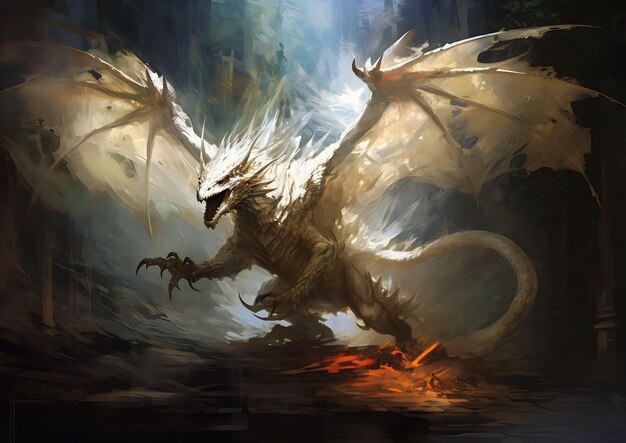 alas de dragón de primer plano volando fuego plumas blancas luminosas profundas habilidades elementales muestra gran azufre
