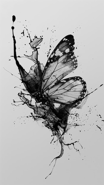 Las alas de la mariposa cambian en salpicaduras de tinta Mariposa monocromática negra y blanca