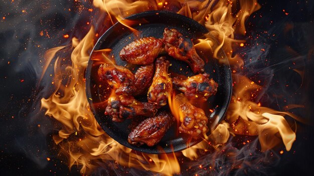 Foto alas picantes con sabor a fuego en un plato de obsidiana