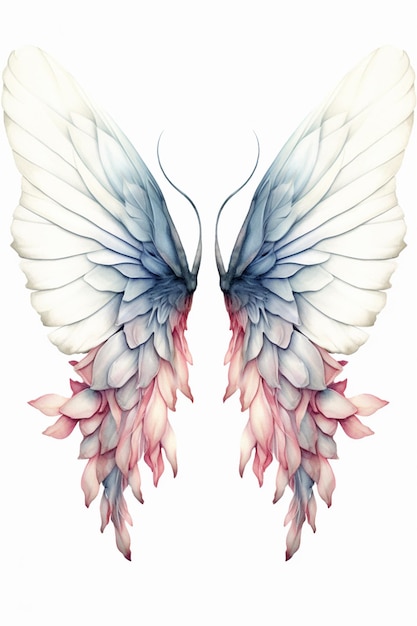 alas con plumas rosas y azules sobre un fondo blanco ai generativo