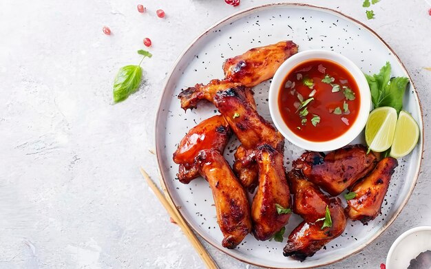 Alas de pollo al horno al estilo asiático y salsa de tomate en el plato