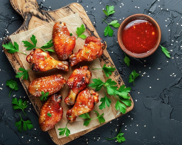 Alas de pollo al horno con semillas de sésamo y salsa de chile dulce en tablero de madera blanca