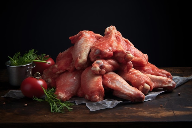 Alas de pollo crudas para cocinar en una tabla de cortar de madera sobre un fondo metálico IA generativa