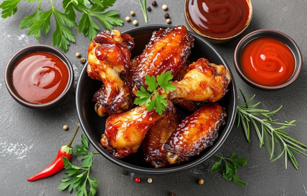 Alas de pollo en freidora de aire esmaltadas con salsa de chile caliente y servidas con diferentes salsas
