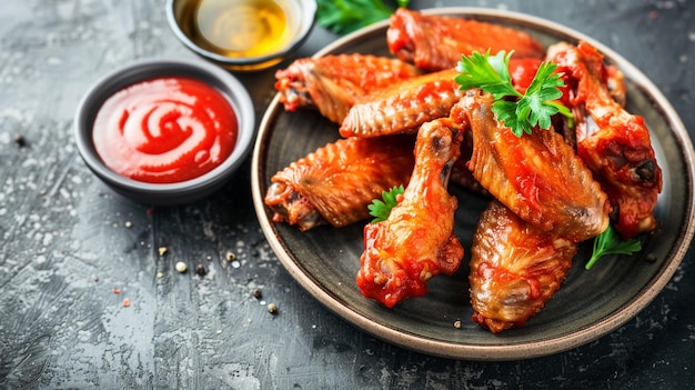 Alas de pollo frescas fritas con salsa de tomate en un plato