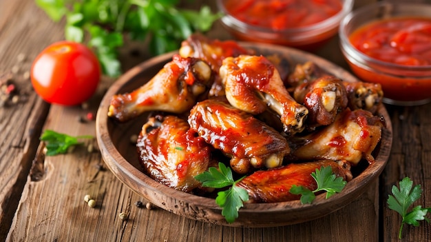 Alas de pollo frescas fritas con salsa de tomate en un plato