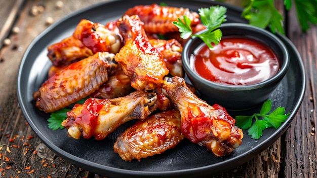 Alas de pollo frescas fritas con salsa de tomate en un plato