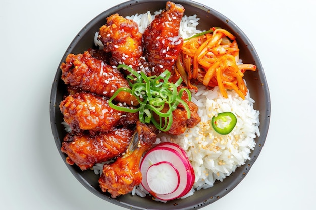 Alas de pollo fritas al estilo coreano con kimchi de arroz con salsa de ajo