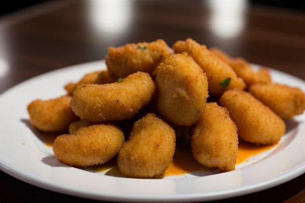 Alas de pollo fritas con anillos de cebolla, papas fritas y salsa de inmersión.