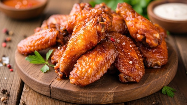 Alas de pollo fritas y crujientes en una mesa de madera.