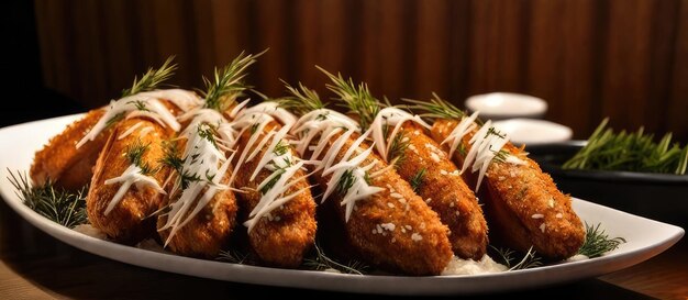 Foto alas de pollo fritas con salsa y hierbas en un plato blanco delicia culinaria