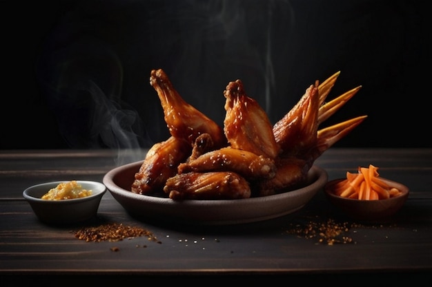 Foto alas de pollo en una mesa de madera con fondo de humo oscuro