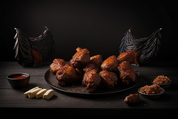 Alas de pollo en una mesa de madera con fondo de humo oscuro