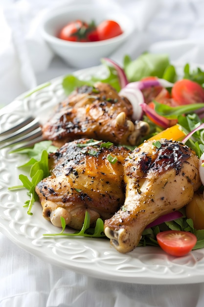 Alas de pollo a la parrilla con ensalada de verduras frescas sobre un fondo blanco