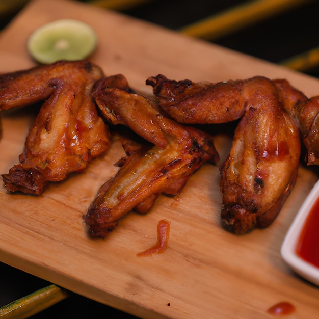 Foto alas de pollo a la parrilla con ketchup y salsas en una tabla de madera