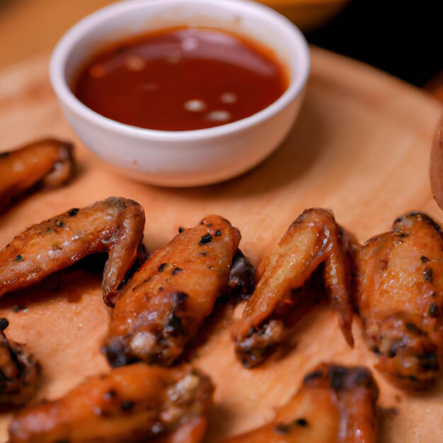 Foto alas de pollo a la parrilla con ketchup y salsas en una tabla de madera