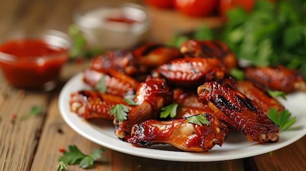 Alas de pollo a la parrilla con salsa de tomate en un plato blanco Tomates