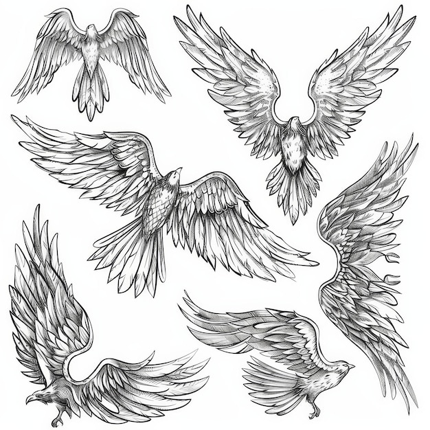 Foto alas y versos de ángeles dibujados a mano plumas de vuelo dibujadas alas de ángeles alados y letras conjunto de ilustraciones modernas contorno de tatuaje dibujado siluetas de tatuajes de ángeles