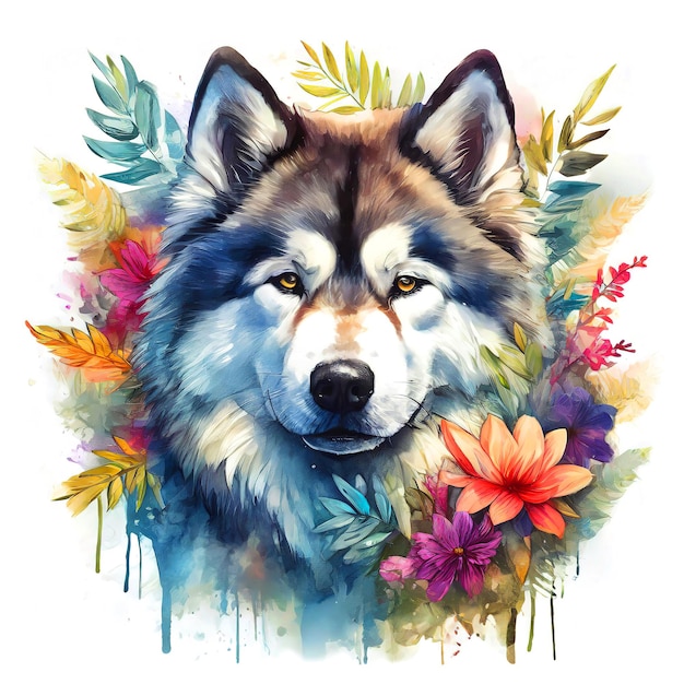 Alaskan Malamute Hundekopf und Blumen für Sublimation Druck auf sauberem Hintergrund Haustiere Illustration Generative KI