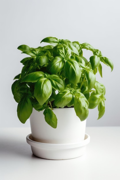 Albahaca creciendo en maceta blanca sobre fondo blanco IA generativa