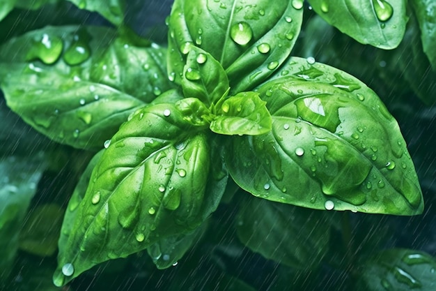 Albahaca dulce fresca con hojas verdes con gotas de agua sobre fondo oscuro