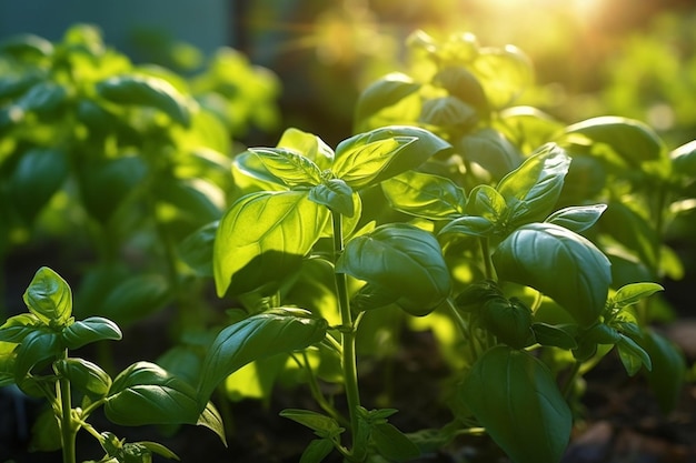 Albahaca dulce fresca con hojas verdes con gotas de agua sobre fondo oscuro