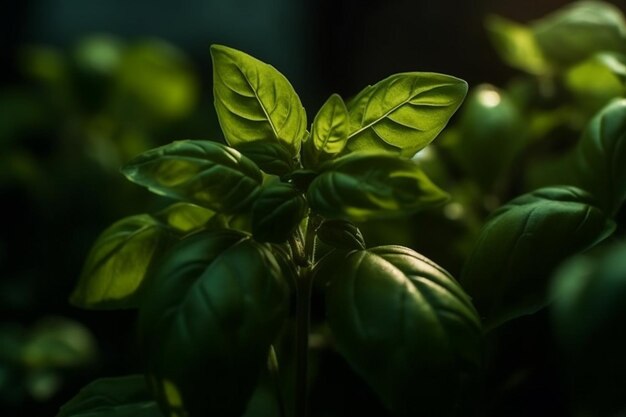 Albahaca dulce fresca con hojas verdes con gotas de agua sobre fondo oscuro