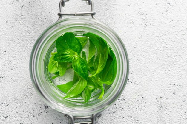 Albahaca fresca en frasco de vidrio con agua