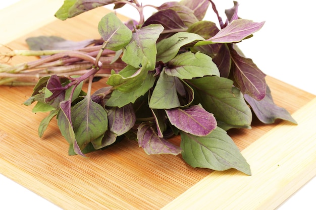 Albahaca fresca sobre tablero de madera aislado en blanco