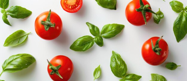 La albahaca y los tomates en colores verdes y rojos vibrantes contra un telón de fondo blanco sencillo