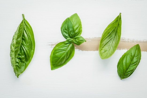 Foto la albahaca verde dulce fresca se va en el fondo de madera lamentable blanco.