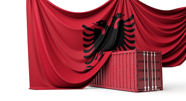 Albanien-Flagge drapiert über einem kommerziellen Schiffscontainer d-Rendering