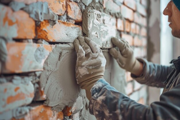 albañil instalando ladrillo de silicato de calcio durante la creación de paredes interiores