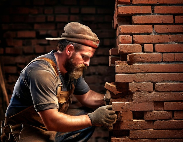 Un albañil en un sitio de construcción construye una pared