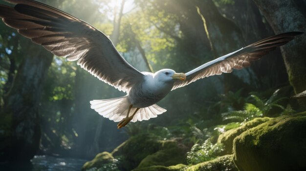 Albatros de alta velocidade voando na floresta Imagem real 8k