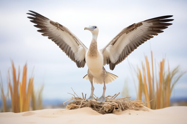 Un albatros juvenil aprende a volar con las alas extendidas